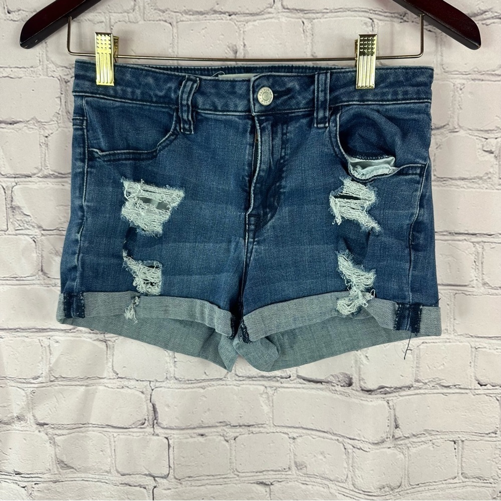 PacSun Denim Distressed Women super stretch shortie jean Shorts sz 26 boho